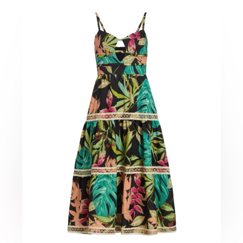 NWT PatBO Tropicalia Midi Dress Floral Cutout Sweetheart A Line Jute Trim Resort